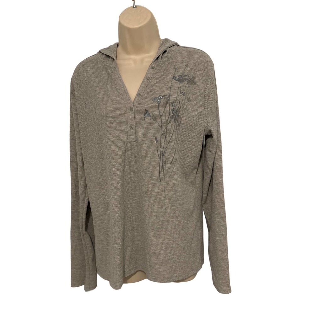 Faded Glory Womens XL Gray Waffle Knit Henley Hoodie Floral Glitter Thermal Top